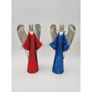 Lot Of 2 Plastic Silver Tone Angel Figurines Red & Blue Table Decorations 12"